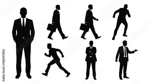 Silhouettes of a man exhibiting various walking and gesturing poses