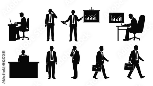Business silhouettes showing various work scenes and professional activities