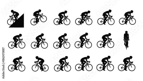 A series of black silhouette images depicting a cyclist in various poses