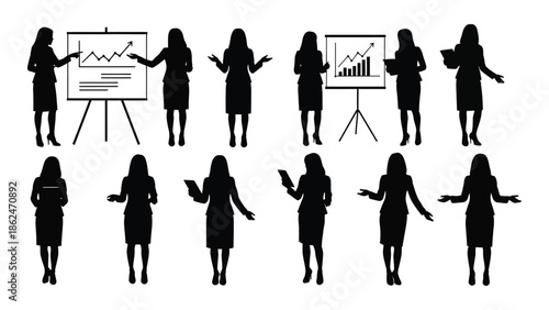 Business silhouettes showing women presenting gesturing and working in professional settings