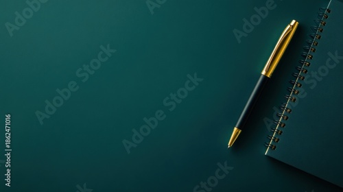 Elegant gold pen and dark teal notebook on matching background
