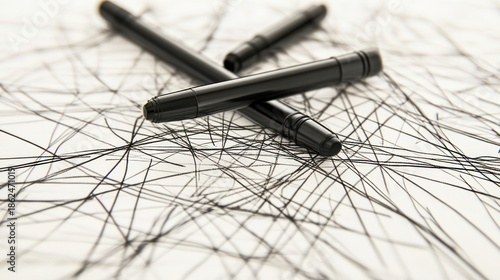 Black markers on abstract line drawing close up view