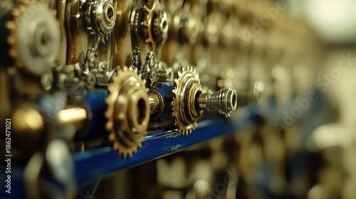 Close up detailed view of intricate metallic gears and components in a manufacturing setting
