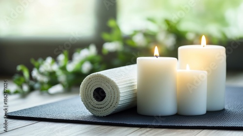 Yoga mat and candles serene wellness scene health and tranquility concept