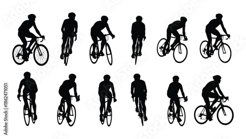 Silhouettes of cyclists in various dynamic riding poses showcase athletic movement