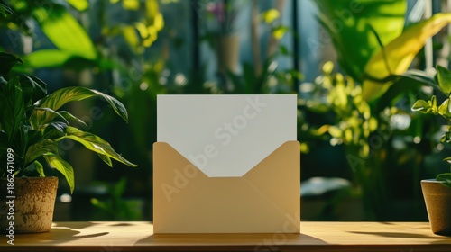 Blank white card in envelope green plants background sunlight