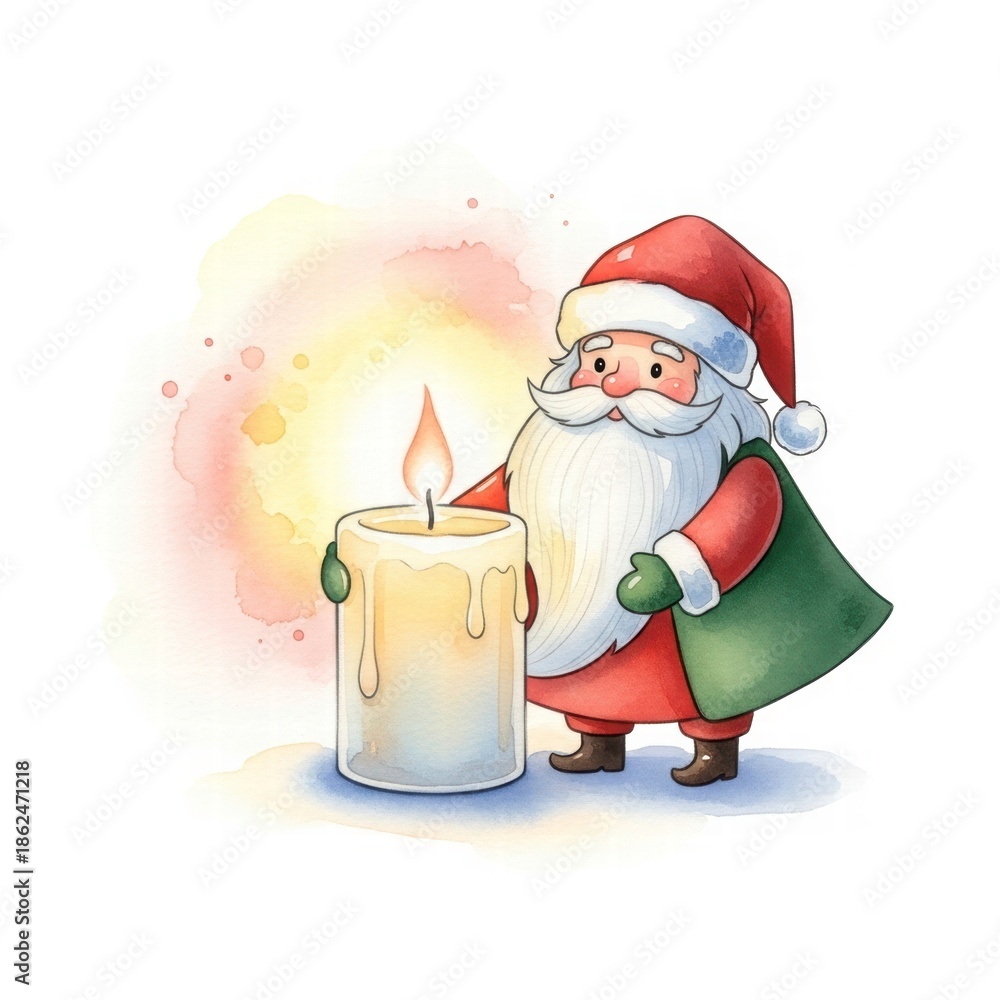 Obraz premium Santa Claus and Candlelit Glow: A festive illustration of Santa Claus, radiating holiday warmth as he lights a grand candle, creating an atmosphere of cozy cheer and festive anticipation.