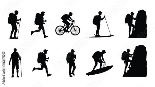 Silhouette collection depicting various outdoor recreational activities and human figures