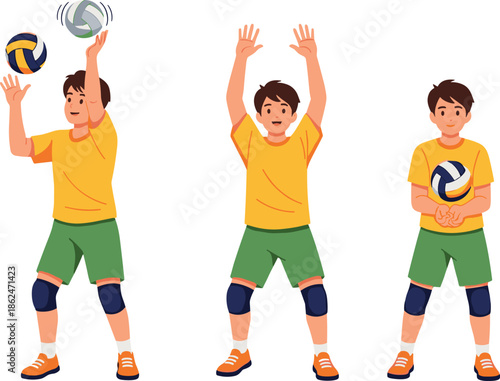 Young boy playing volleyball in different action poses wearing sports uniform and knee pads, active children exercise illustration concept