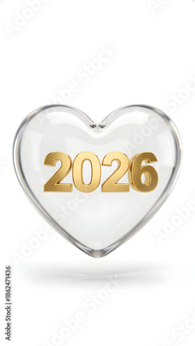 Three-dimensional rendering of the year 2026 displayed in golden numbers within a clear, glass heart symbol, floating against a white background, symbolizing love and the future.