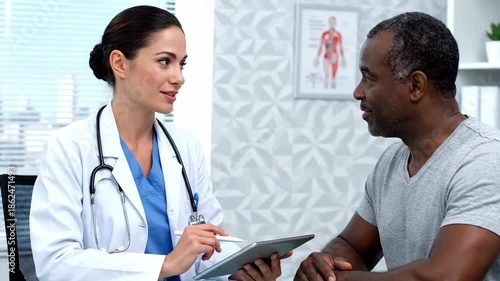 doctor patient consultation in clinic with tablet and stethoscope