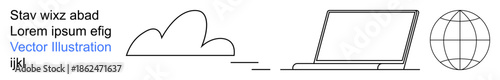 Cloud computing, internet technology, global connectivity, remote work, online communication, digital tools. Minimal elements of a cloud, laptop and globe. Cloud computing and internet technology