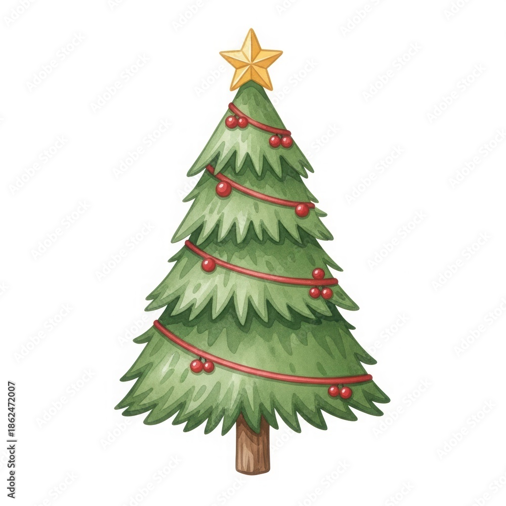 Obraz premium Festive Christmas Tree: a charming illustration captures the holiday spirit with a detailed Christmas tree adorned with ornaments and a golden star, perfect for seasonal designs.
