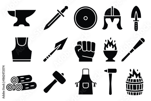 Medieval Smithy Icons, Including Solid Style Anvil, Sword, Shield, Helmet, Gauntlet, Spearhead, Armor Plate, Blacksmith and Weaponry Symbols, Vector Illustrations