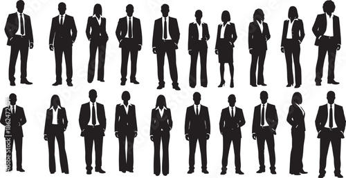 Black silhouettes of businessmen and women in suits and various poses, isolated 