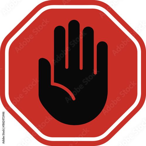 Red octagonal sign with black hand gesture pointing downwards