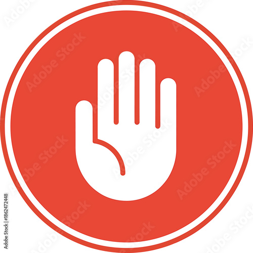 Red circular with stylized hand and three vertical lines in the center circle three lines