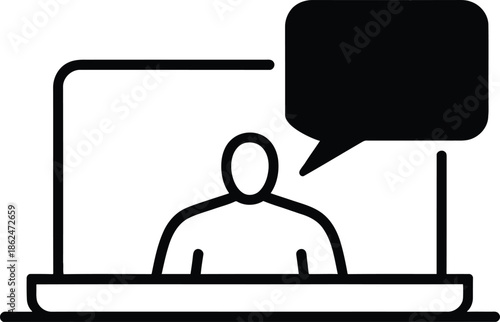 Black and white of a person speaking with a speech bubble above a laptop