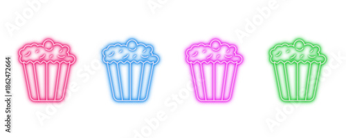 Neon glowing popcorn vector icons set, dessert, sweet, bakery, party, celebration, festive, treat, vibrant colorful digital design illustration on transparent background.
