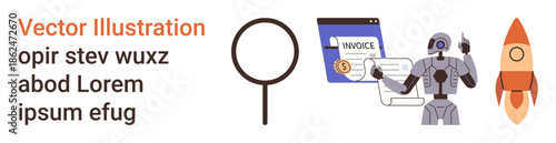 Automation, digital payments, technology, innovation, process optimization, artificial intelligence. A robot with an invoice and a rocket icon displayed. Automation and digital payments concept