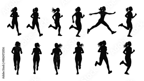 Silhouettes of women running and jogging in various dynamic poses