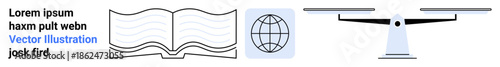 Education, globalization, fairness, legal systems, equity, information sharing. Open book, globe icon and balanced scale. Education and globalization concept with a focus on knowledge and justice