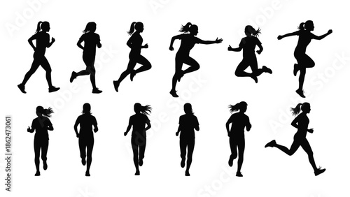 Silhouettes of people running in various poses depicting movement and activity