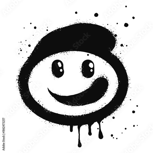 smiling cute face emoji character. Spray painted graffiti smile face in black over white. isolated on white background