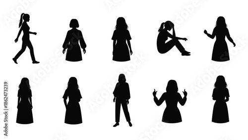 Silhouettes of children in various poses and dresses a simple black and white illustration