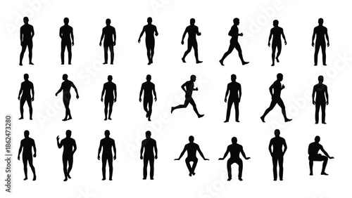 Silhouettes of people in various walking and running poses against a white background