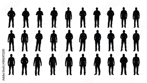 A collection of black silhouette figures standing in a grid arrangement