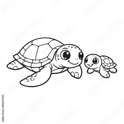 Vector cartoon art showing a parent turtle and its little baby walking together, illustrated with soft lines and adorable expressions to create a sweet, calm, and playful scene.