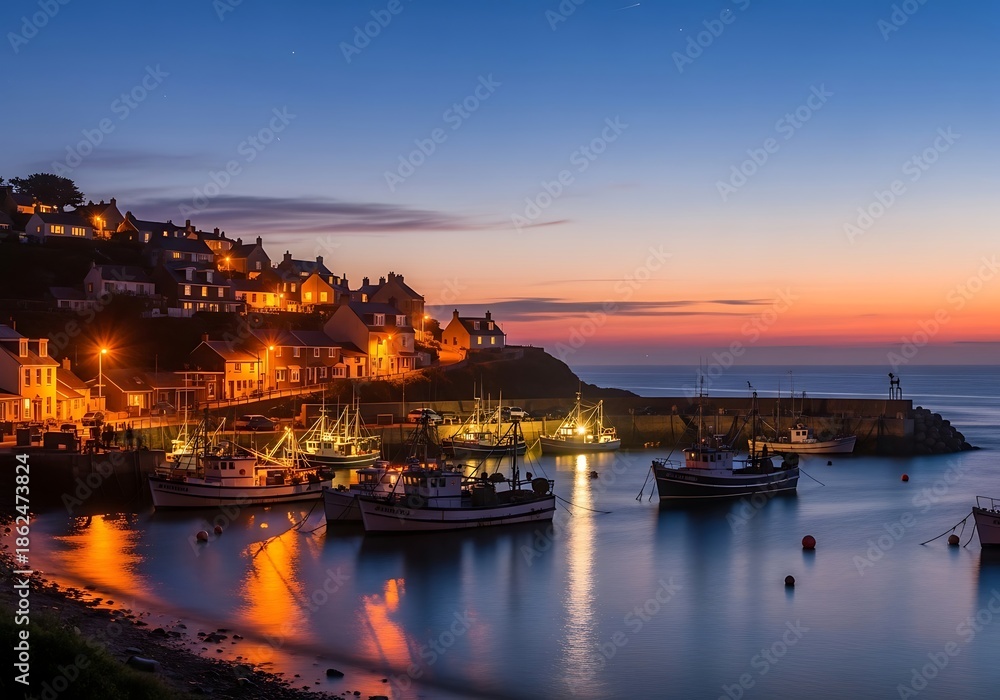 Fototapeta premium Quaint coastal settlement illuminates surrounding harbor water during twilight