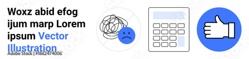 Emotional support, decision-making, problem-solving, approval processes, calculation, positivity. Sad face, tangled lines calculator thumbs-up in blue circles. Emotional support and decision-making