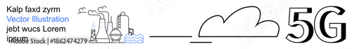 5G technology, cloud computing, industrial communication, environmental innovation, connectivity solutions, telecommunications. Industrial buildings connected with 5G and cloud symbols. 5G and cloud