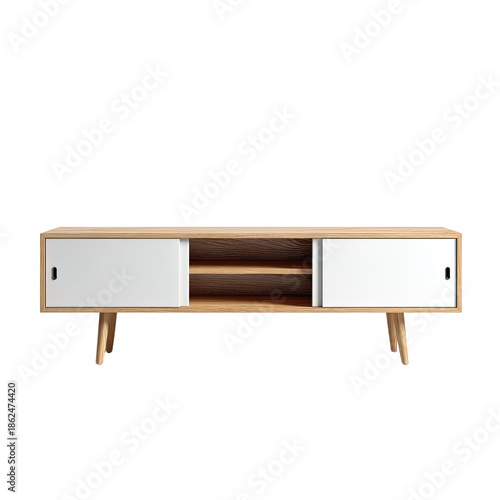 Modern wooden media console with white sliding doors and open shelves on tapered legs