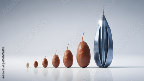 Small seed transforming upward into modern skyscraper, clean studio background, realistic lighting, ultra high resolution