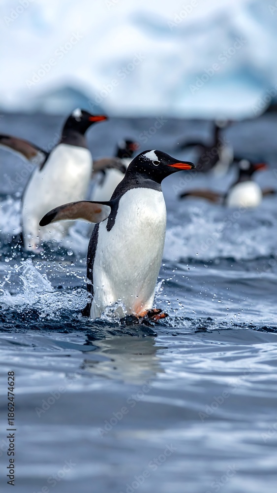 Obraz premium Group of Gentoo penguins wading through the water, splashing, with icy background