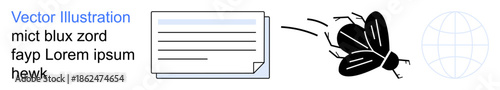Cybersecurity, digital communication, data errors, information transfer, online threats, metadata. Document with text and a bug flying towards a globe. Cybersecurity and digital communication