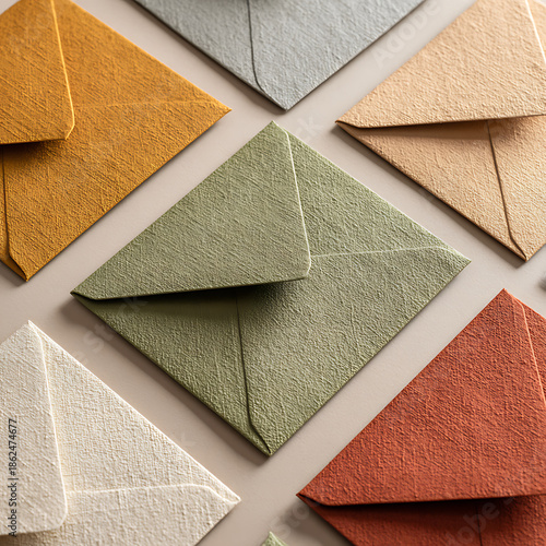 Vibrant textured envelopes in rich earthy tones artfully arranged for elegant stationery and correspondence needs
