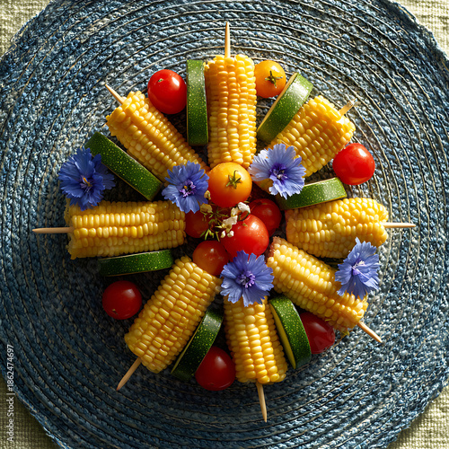 Vibrant corn and zucchini skewers adorned with fresh tomatoes and delicate blue flowers, perfect for summer gatherings and healthy eating inspiration.