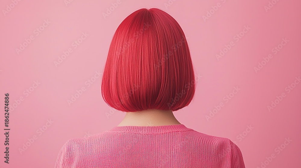 Fototapeta premium Back view of a bob hairstyle against a clean pink background capturing chaos in a gigapixel standard scale shot