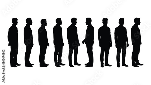 A line of silhouetted men standing in a row facing the same direction