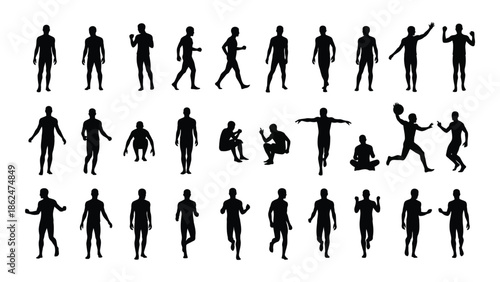 Silhouettes of people in various poses and activities displayed in black