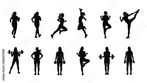 Silhouettes of people exercising running stretching lifting weights and various poses