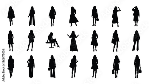 Silhouettes of people in various poses and clothing styles are displayed