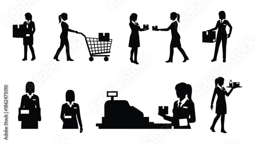 Silhouettes depicting people shopping working and interacting in retail environments