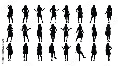 Silhouette collection of fashionable women in various poses and dress styles