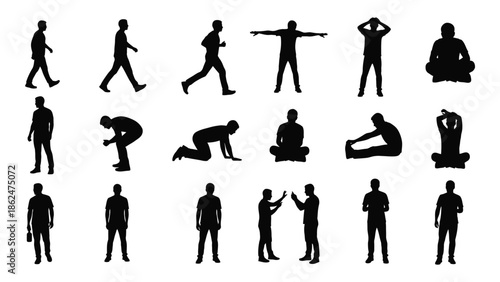 Silhouette depictions of various human poses and a small seated figure