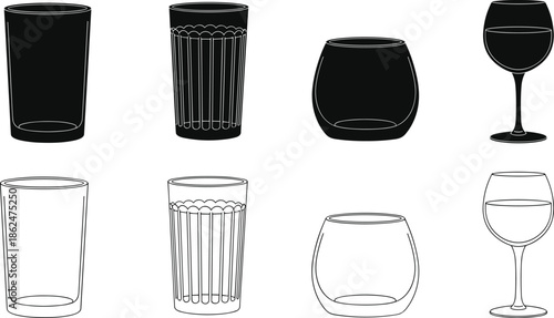 Collection of realistic glassware icons including tumblers juice glasses and wine goblets in black silhouette and outline vector style (20 words)